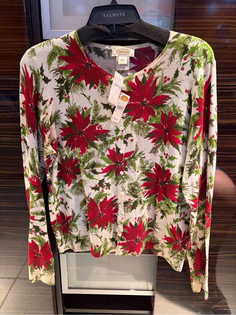 Talbots Women”s Christmas Poinsettia Cardigan Sweater Knit Holiday NWT